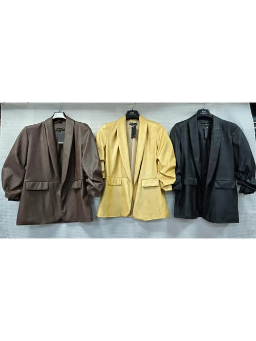 Vegan Leather Look Matte Ruched Sleeve Blazer