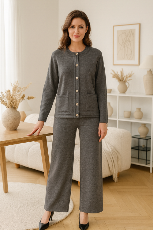 Gold Button Plain Two Piece Classic Coord Loungewear Set