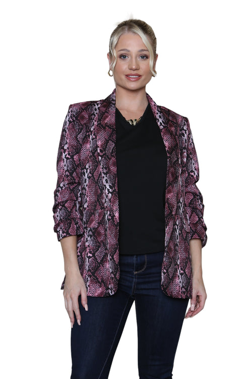 Oversized Reptile Print Rouched Sleeve Blazer