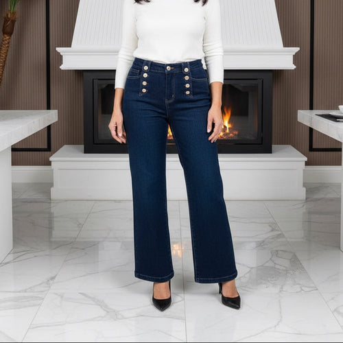 Wide Leg Gold Button Indigo Dark Wash Voggo Jeans