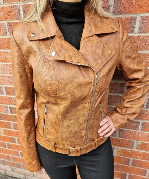 Tan Brown Biker Moc Croc Leather Look Jacket