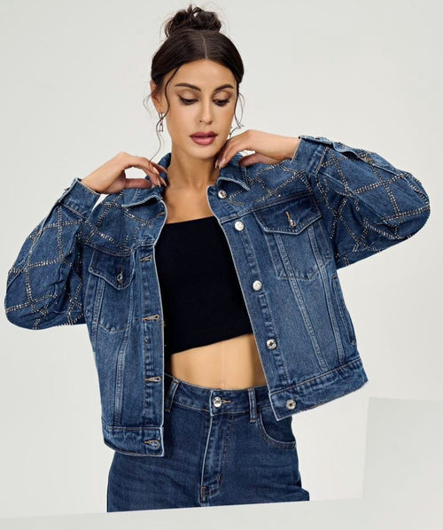 Criss Cross Diamante Stud Denim Cotton Jacket