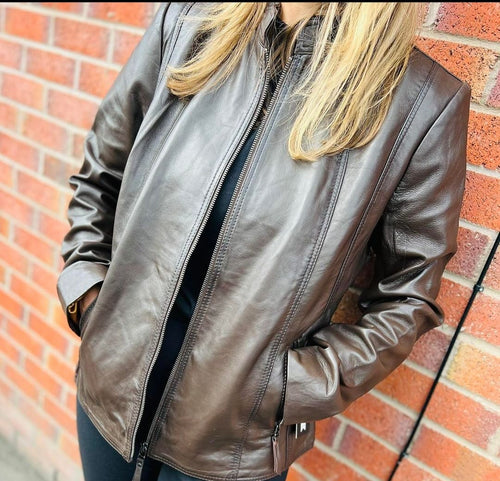 Chocolate Real Leather Mandarin Collar Jacket