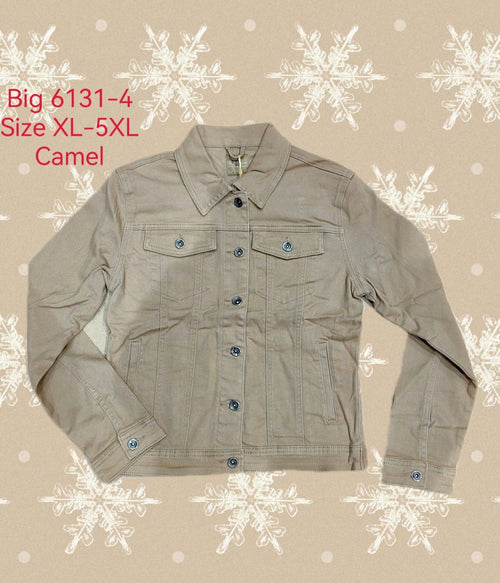 PLUS SIZE Dark Beige Camel Denim Cotton Jacket