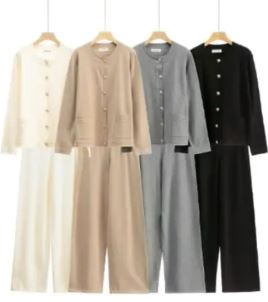 Gold Button Plain Two Piece Classic Coord Loungewear Set
