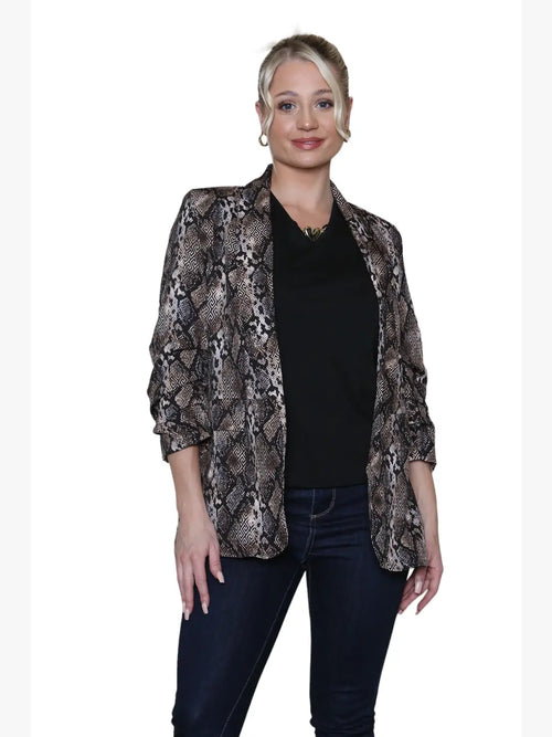 Oversized Reptile Print Rouched Sleeve Blazer