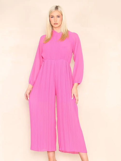 High Neck Pleated Jumpsuit with Open Bow Back