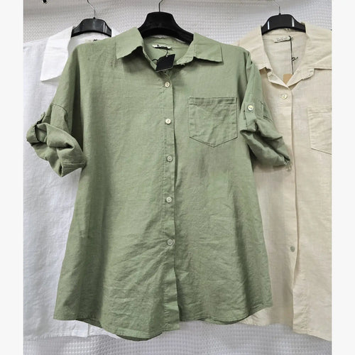 Linen Cotton Blend Turn Up Sleeve Shirt