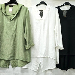 V Hooded Linen Look Tunic