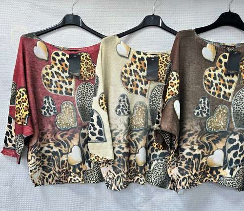 Leopard Heart Fine Mesh Knit Top