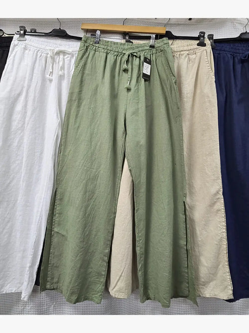 Side Split Wide Leg Linen Cotton Trousers