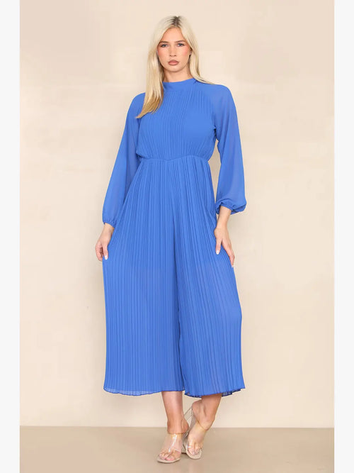 High Neck Pleated Jumpsuit with Open Bow Back