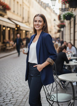 Leopard Trim Turn Up Sleeve Blazer