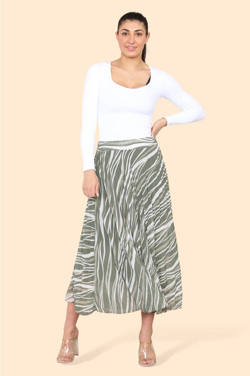 Zebra Wave Print Pleated Midi Skirt