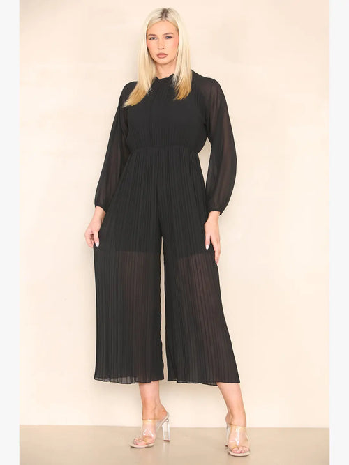 High Neck Pleated Jumpsuit with Open Bow Back