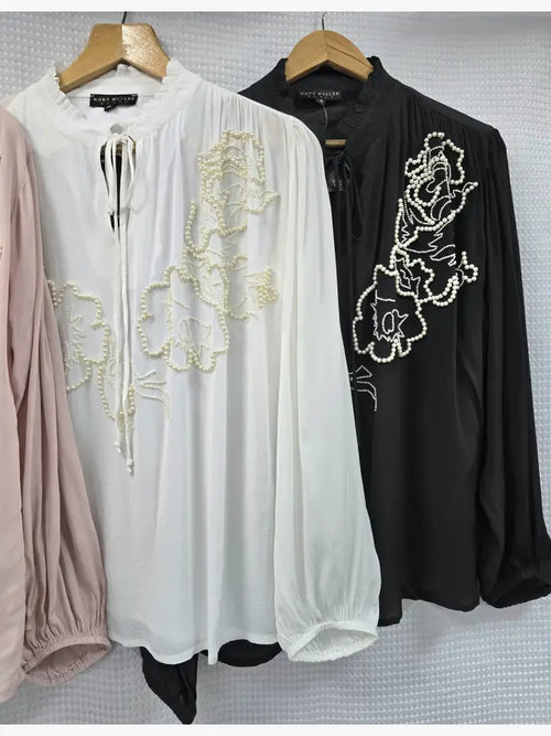 Frill Neck Pearl Detail Chiffon Tie Blouse