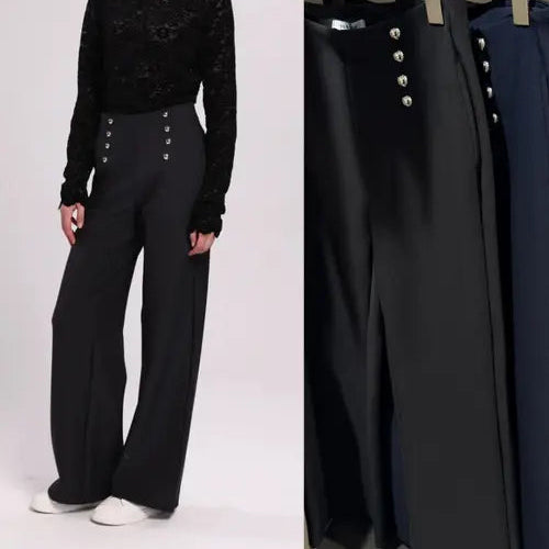 Silver Button Wide Leg Scuba Cotton Bi Stretch Trousers
