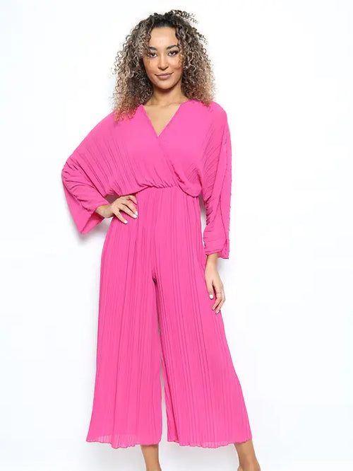 Crossover Pleated Wide Leg Jumpsuit