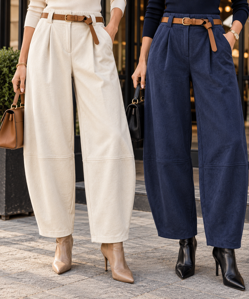 Suedette Belted Barrell Leg Trousers