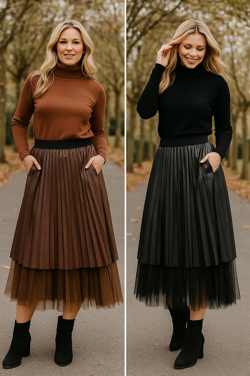 Leather Look Pleated Lace Midaxi Skirt