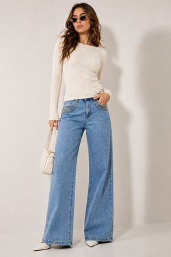 Crystal Embellished Pocket Voggo Wide Leg Jeans