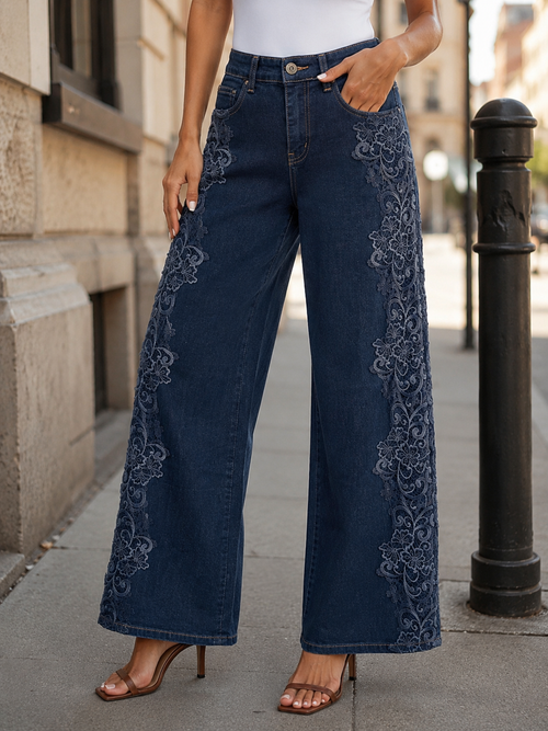 Indigo Side Lace Crochet Wide Leg Stretch Jeans