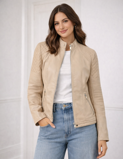 Beige Quilted Mandarin Neck Vegan Leather Look Jacket