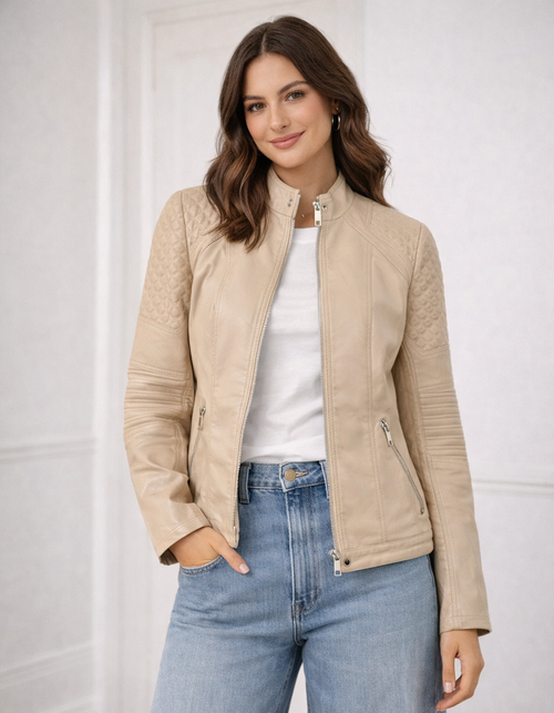 Beige Quilted Mandarin Neck Vegan Leather Look Jacket