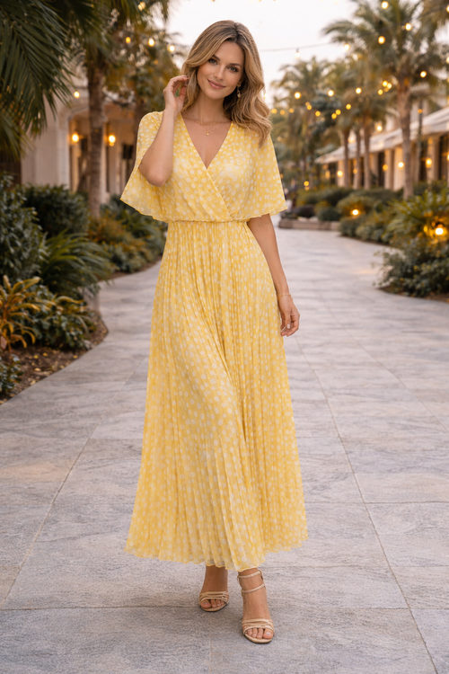 Vintage Polka Dot Cape V Pleated Maxi Dress