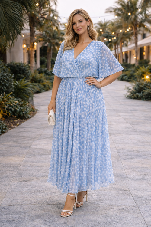 Vintage Polka Dot Cape V Pleated Maxi Dress