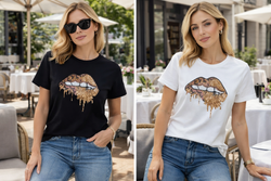 Golden Sequin Lips Cotton T-shirt Top