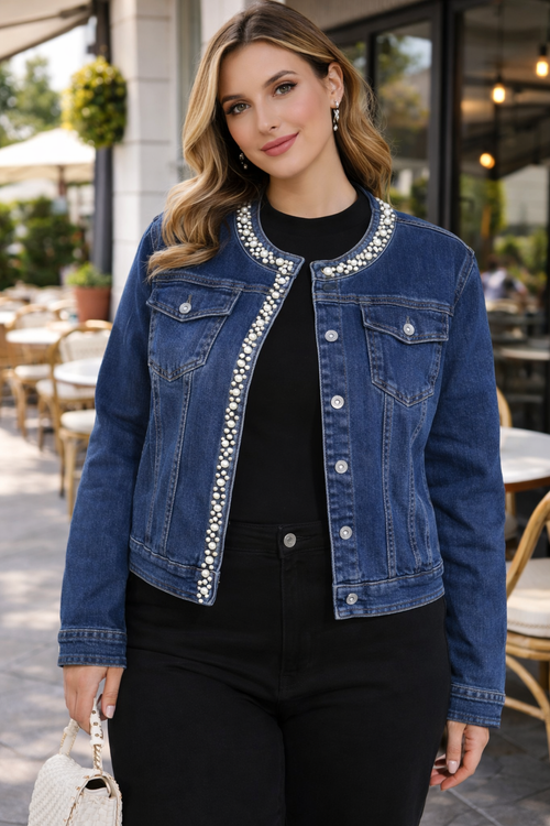 Plus Size Pearl Diamante Denim Jacket