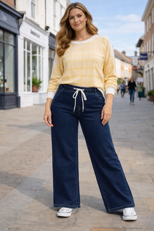 Indigo Dark Wash Wide Leg Elasticated Waist Jeans