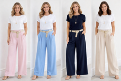 Wide Leg Beige Belted Trousers
