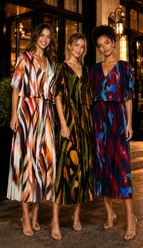Contrast Wave Print Plisse Pleated Layered Maxi Dress