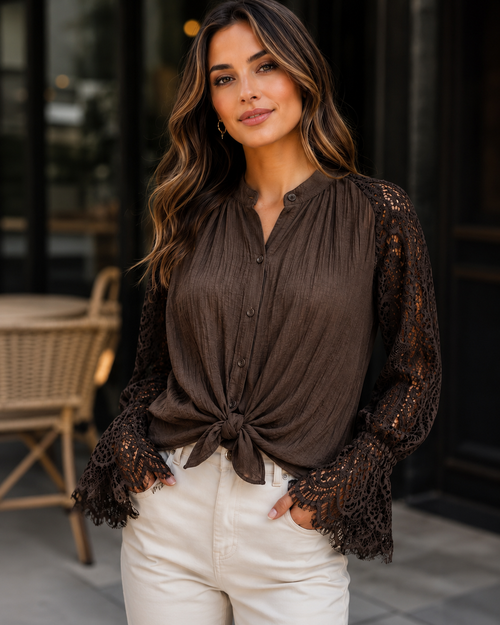 Luxury Eyelash Lace Cotton Crinkle Tie Blouse