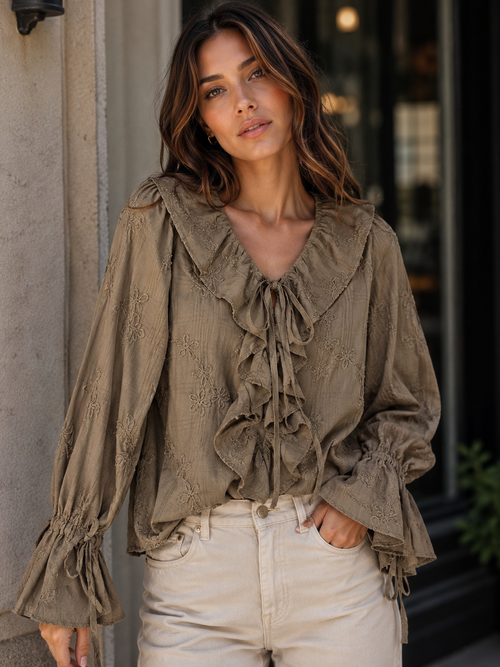 Luxury V Neck Velvet Trim Detail Frill Shirt
