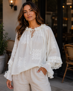 Luxury Tencel Embroidery Tie Cotton Blouse