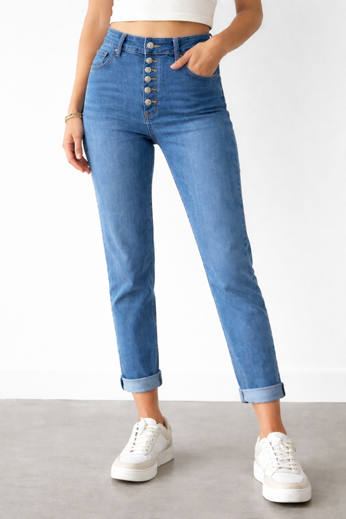 Denim Turn Up Voggo Jean with Silver Embellished Buttons