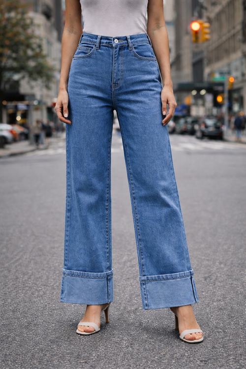 Denim Turn Up Hem Voggo Wide Leg Cotton Jeans