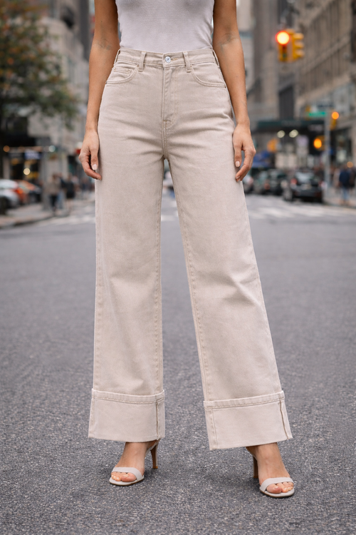 Stone Mocha Wide Leg Turn Up Hem Voggo Jeans