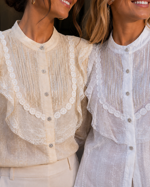 Diamante Button Frill Lace Shirt
