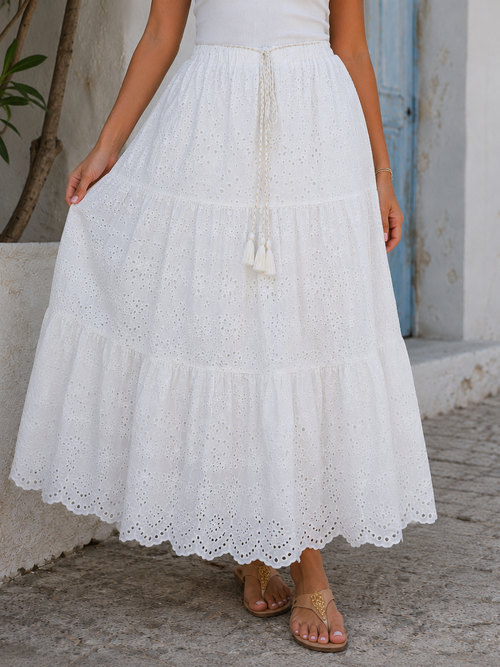 Cotton Crochet Tier Panel Maxi Skirt