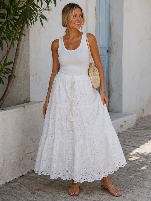 Cotton Crochet Tier Panel Maxi Skirt