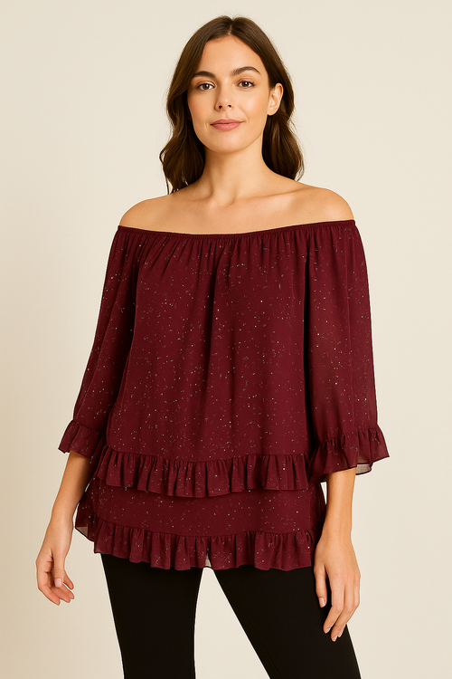 Shimmer Frill Layered Bardot Tunic Top