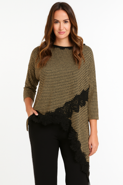 Check Asymmetric Lace Trim Tunic Top