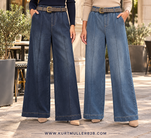 Denim Stretch Cotton Wide Leg Belted Trousers