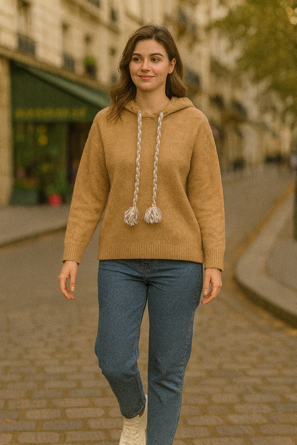 Soft Touch Contrast Tassle Hoodie Jumper