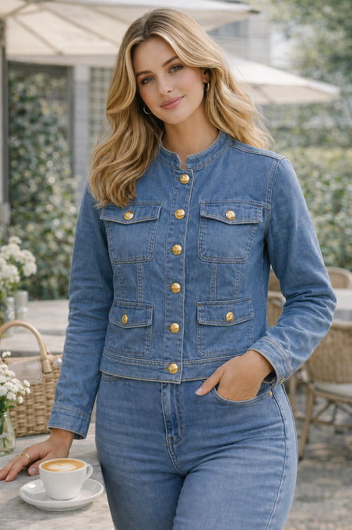 Gold Button Mandarin Cotton Stretch Jacket