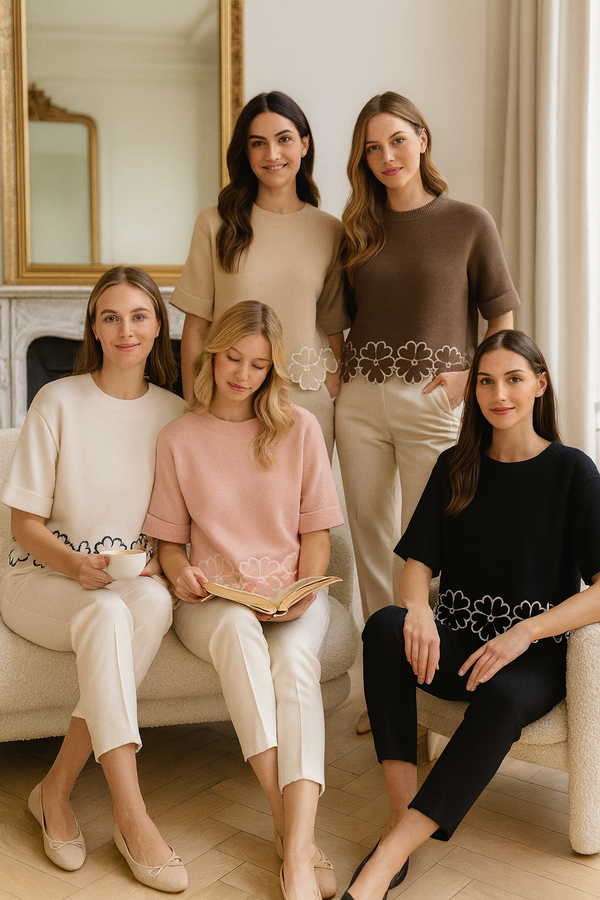 Floral Trim turn up Sleeve knit Jumper